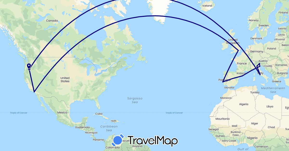 TravelMap itinerary: driving in Spain, United Kingdom, Italy, Portugal, United States (Europe, North America)
